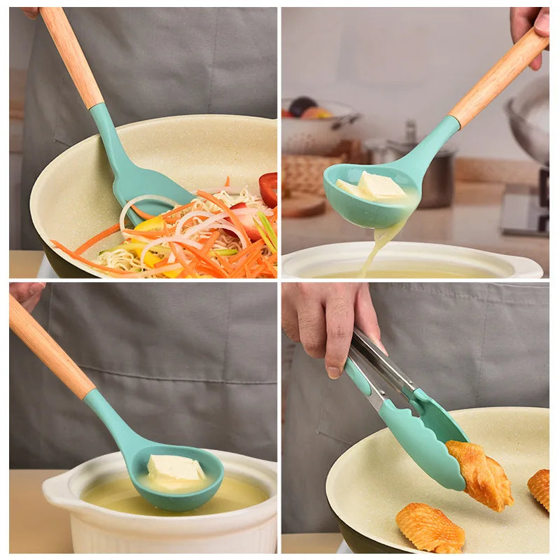 12-Piece Silicone Kitchen Utensils Set with Wooden Handles