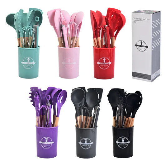 12-Piece Silicone Kitchen Utensils Set with Wooden Handles