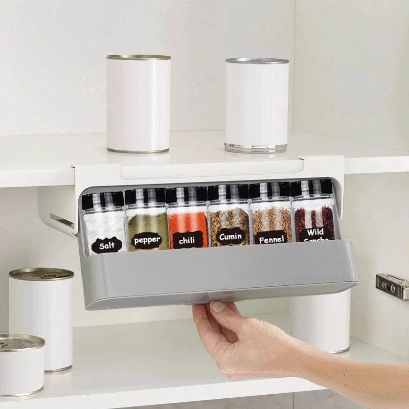 Self-Adhesive Kitchen Storage Solution for Under-Shelf Spice Rack