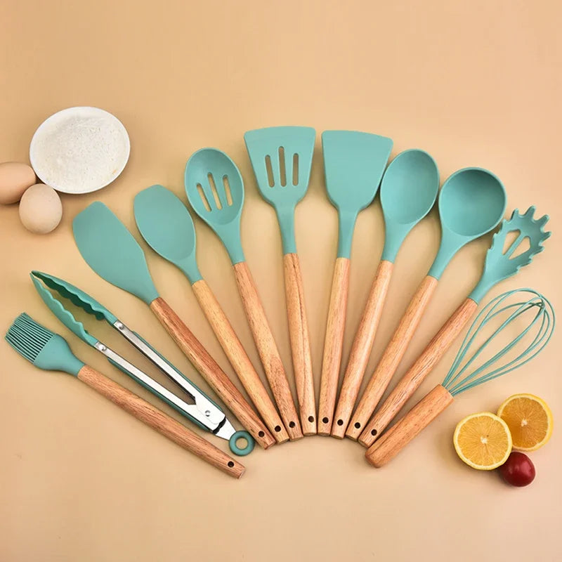 12-Piece Silicone Kitchen Utensils Set with Wooden Handles