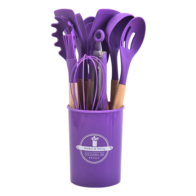 12-Piece Silicone Kitchen Utensils Set with Wooden Handles