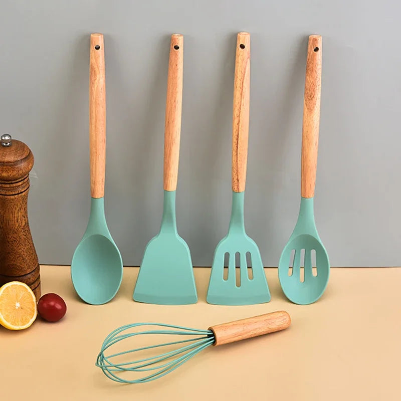 12-Piece Silicone Kitchen Utensils Set with Wooden Handles