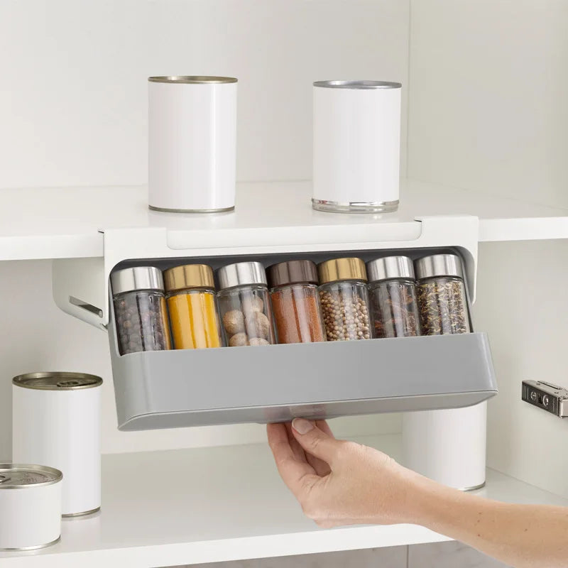 Self-Adhesive Kitchen Storage Solution for Under-Shelf Spice Rack